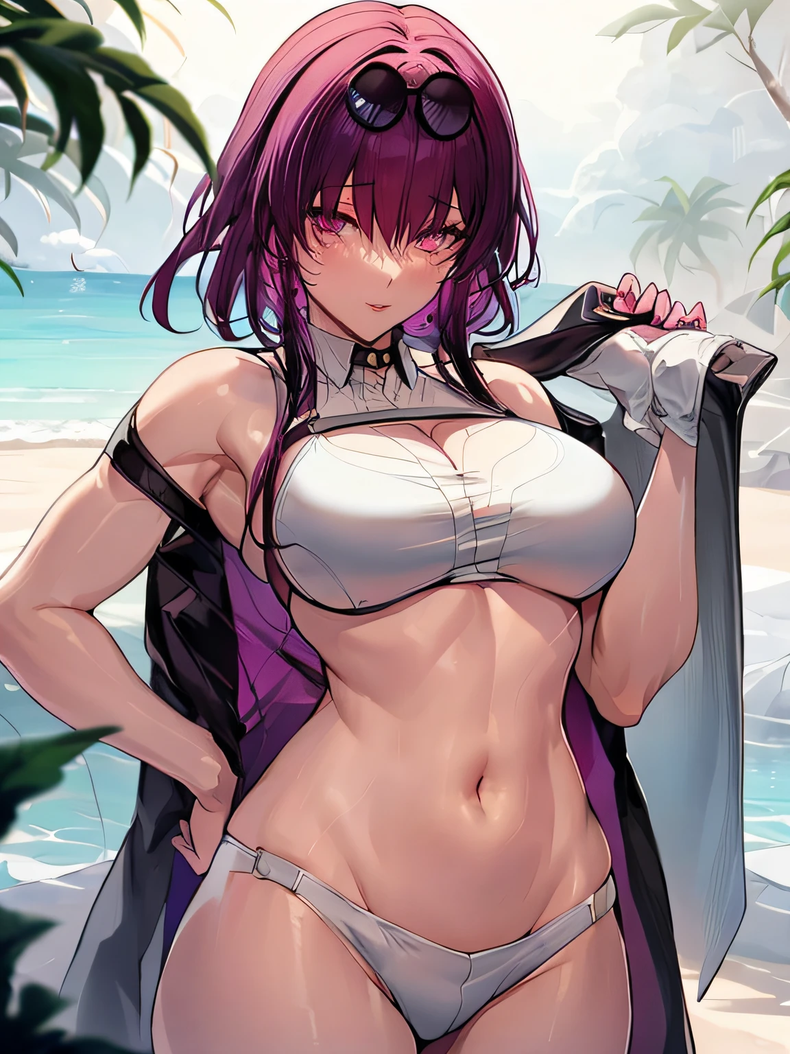 NSFW, Curvy athletic body, Kafka, 1girl, cuerpo completo,Disparo de vaquero, bikini, Playa, armpits
