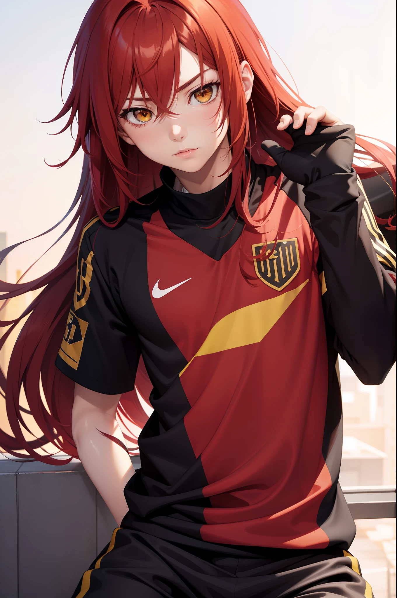 red-haired hair, anime boy soccer uniform, yellow eyes