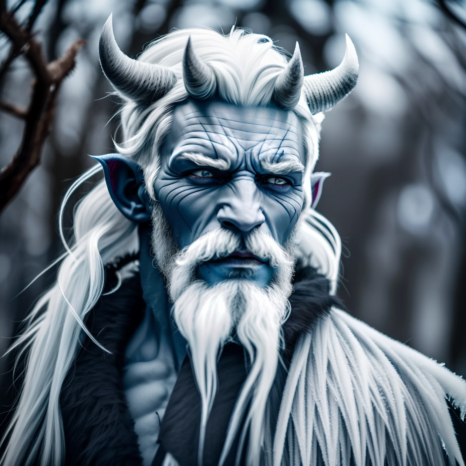ice demon elf with amazing beard, amazing hair texture, microscopic details, light grey blue skin, white hair, clean and smooth features, blue grey horns, male ice demon, dark gray skin, dark horns, white hair, black skin (dark skin) , strong jaw, dark elf, one man, full body image, light grey hellboy, Jack frost, covered in sharp ice, James Franco, scarred or weathered, symmetrical, ice covered skin, white gray skin, long beard