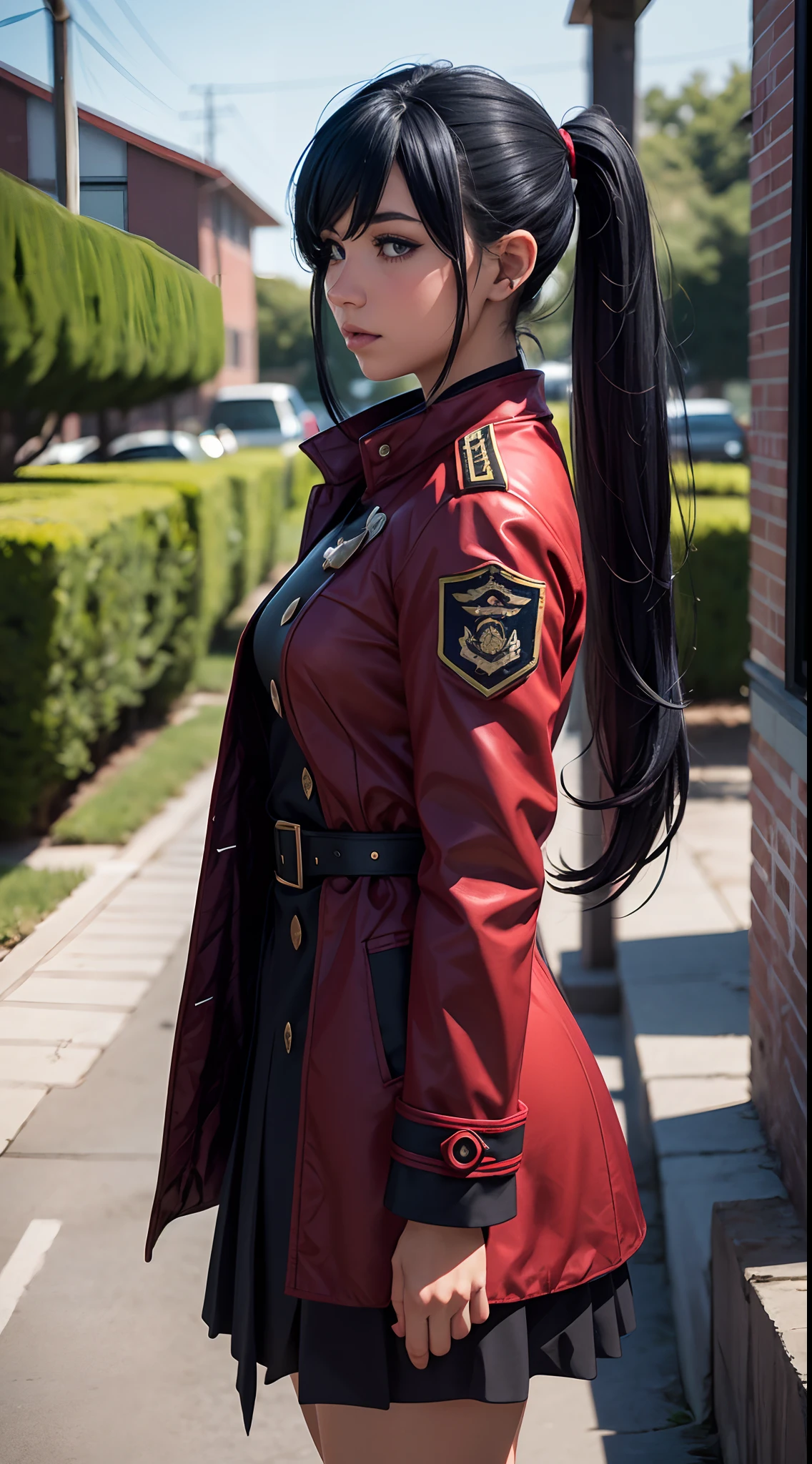 1girl, solo, Laura S. Arseid (long dark blue hair, long ponytail and side Bang), (inspired by trails of cold steel) in a school proper dress with long red coat, in a military school, AMD fidelityFX super resolution 3, shinny effects, extremely detailed texture, shot with Canon EOS 5D mark IV.