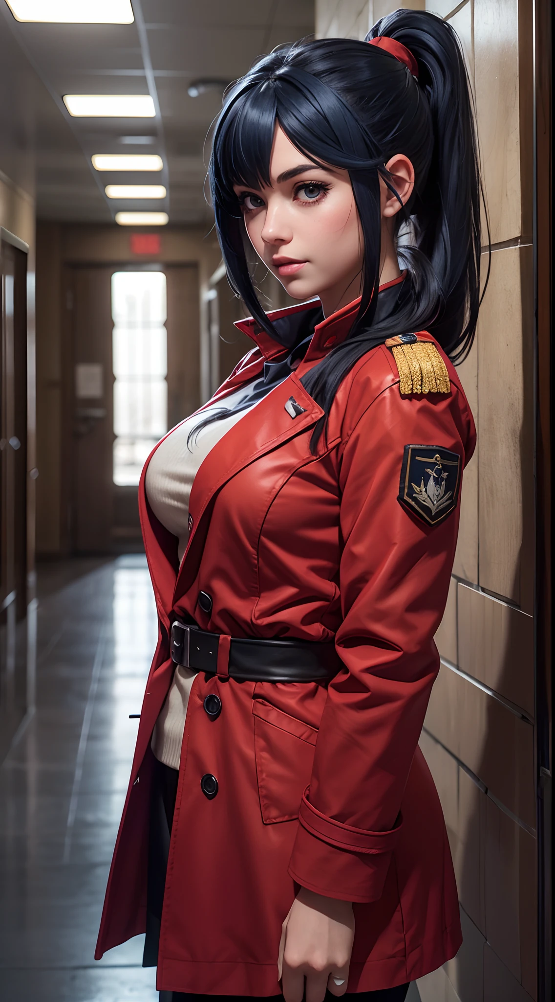 1girl, solo, Laura S. Arseid (long dark blue hair, long ponytail and side Bang), (inspired by trails of cold steel) in a school proper dress with long red coat, in a military school, AMD fidelityFX super resolution 3, shinny effects, extremely detailed texture, shot with Canon EOS 5D mark IV.