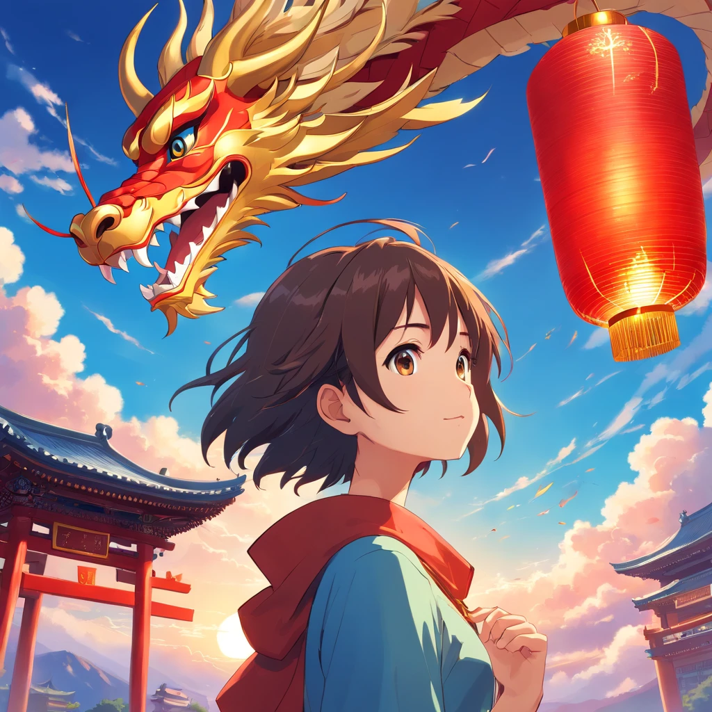 cute gold china dragon in sky, cloud, sun, wind, lunar new year, spring flower, red lantern, colorfull background, highest quality, Full HD, happy dragon, 2023, 3d, (paper art, Quilted Paper Art, Geometry), highly colorful, Anime beauty, Extremely colorful, Colorful illustrations, aquarelle((masterpiece))), illustration