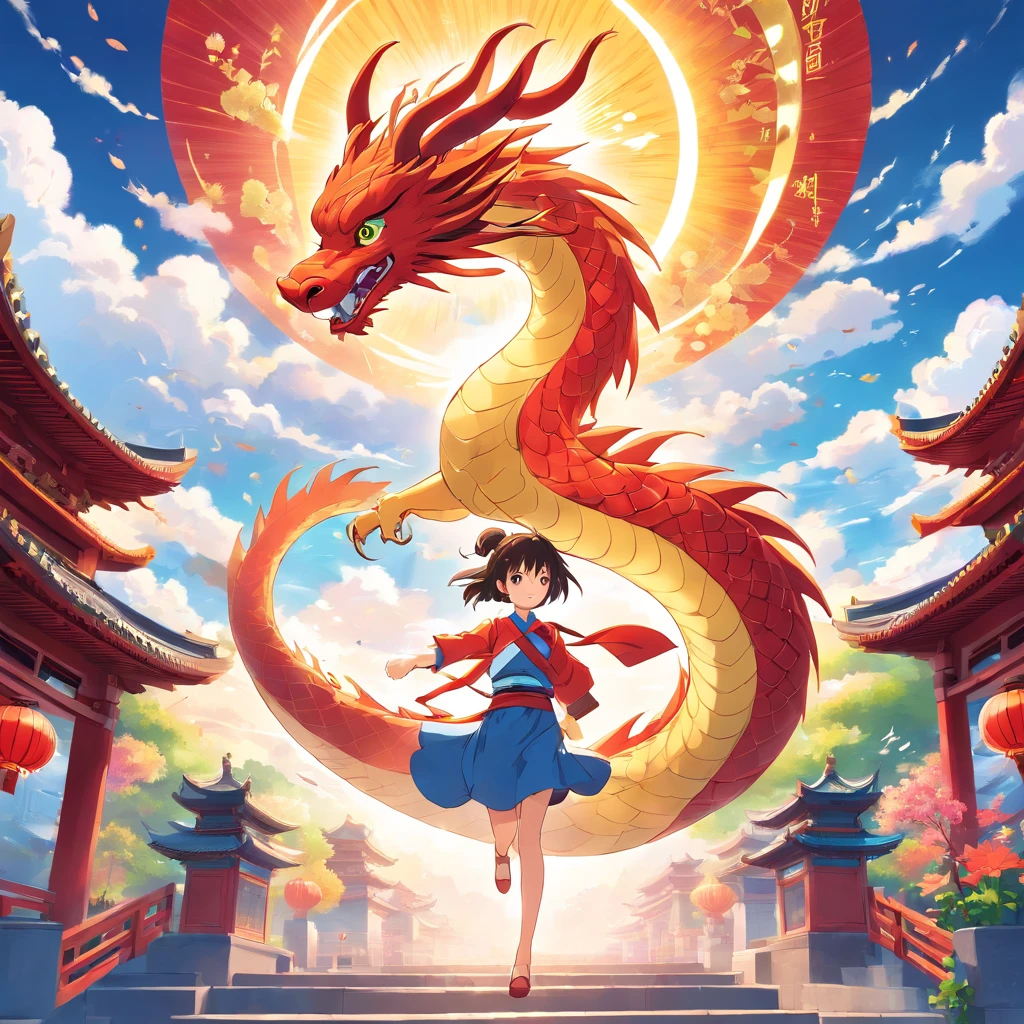 cute gold china dragon in sky, cloud, sun, wind, lunar new year, spring flower, red lantern, colorfull background, highest quality, Full HD, happy dragon, 2023, 3d, (paper art, Quilted Paper Art, Geometry), highly colorful, Anime beauty, Extremely colorful, Colorful illustrations, aquarelle((masterpiece))), illustration