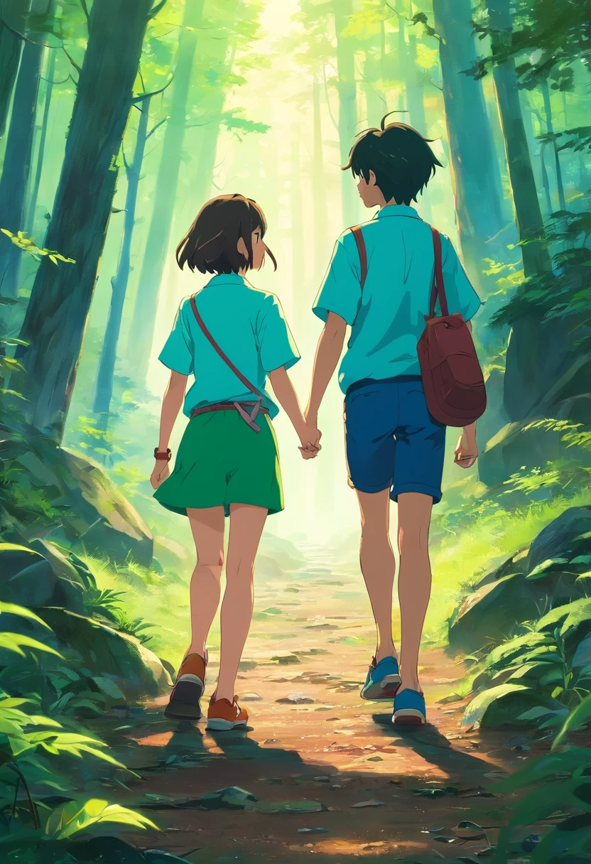The two friends are walking through the forest. They come to the old abandoned mine. ((full body view)), ((Full shoe view)), High contrast colors, High-resolution 4K quality, Smiles, handsome