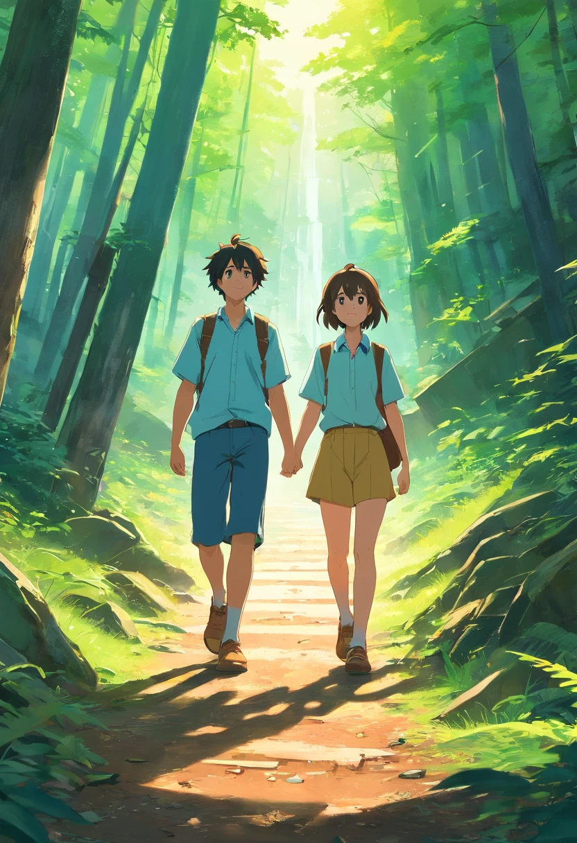 The two friends are walking through the forest. They come to the old abandoned mine. ((full body view)), ((Full shoe view)), High contrast colors, High-resolution 4K quality， Smiles, handsome