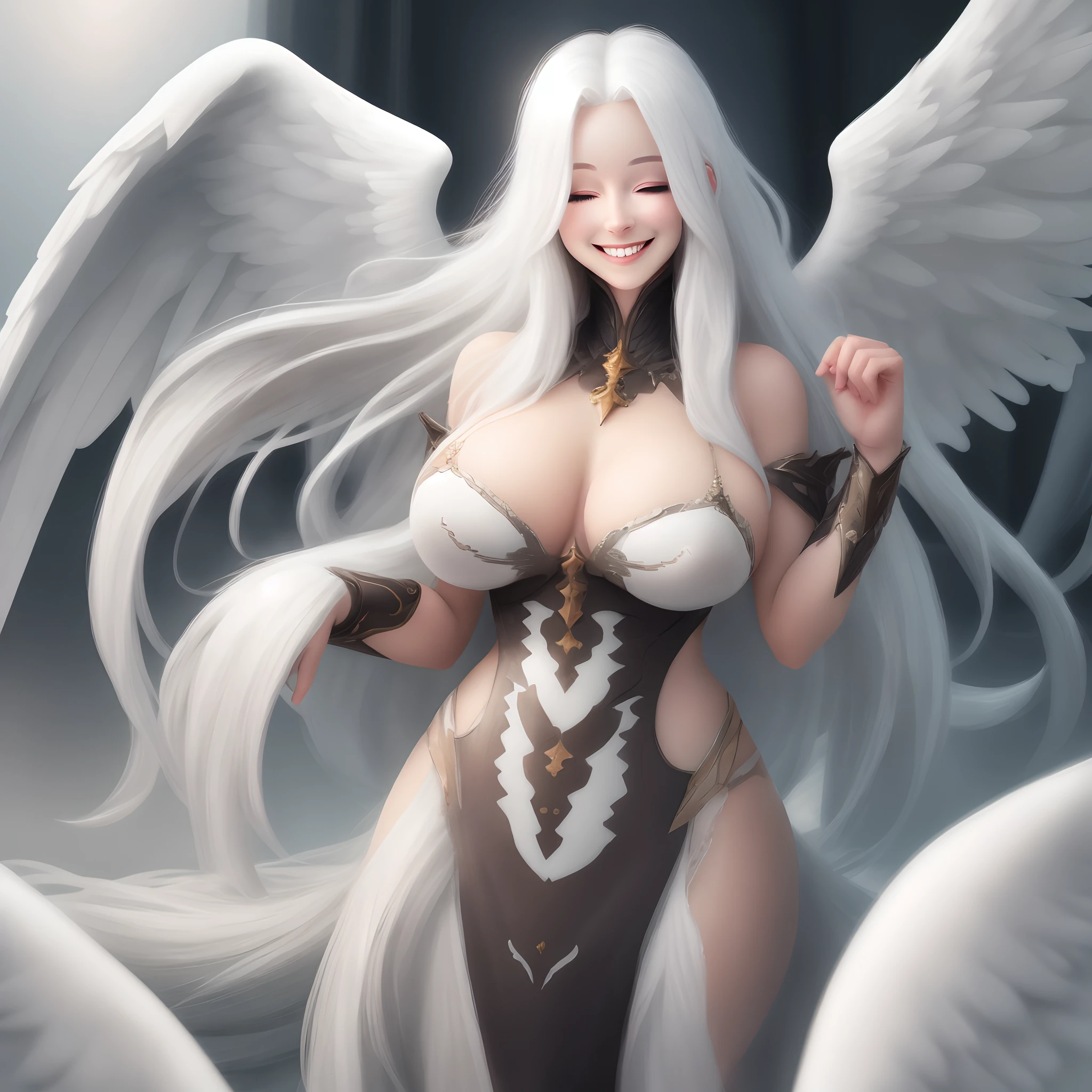 Angel Girl, with krill, long white hair, close one eye. Big breasts and smile