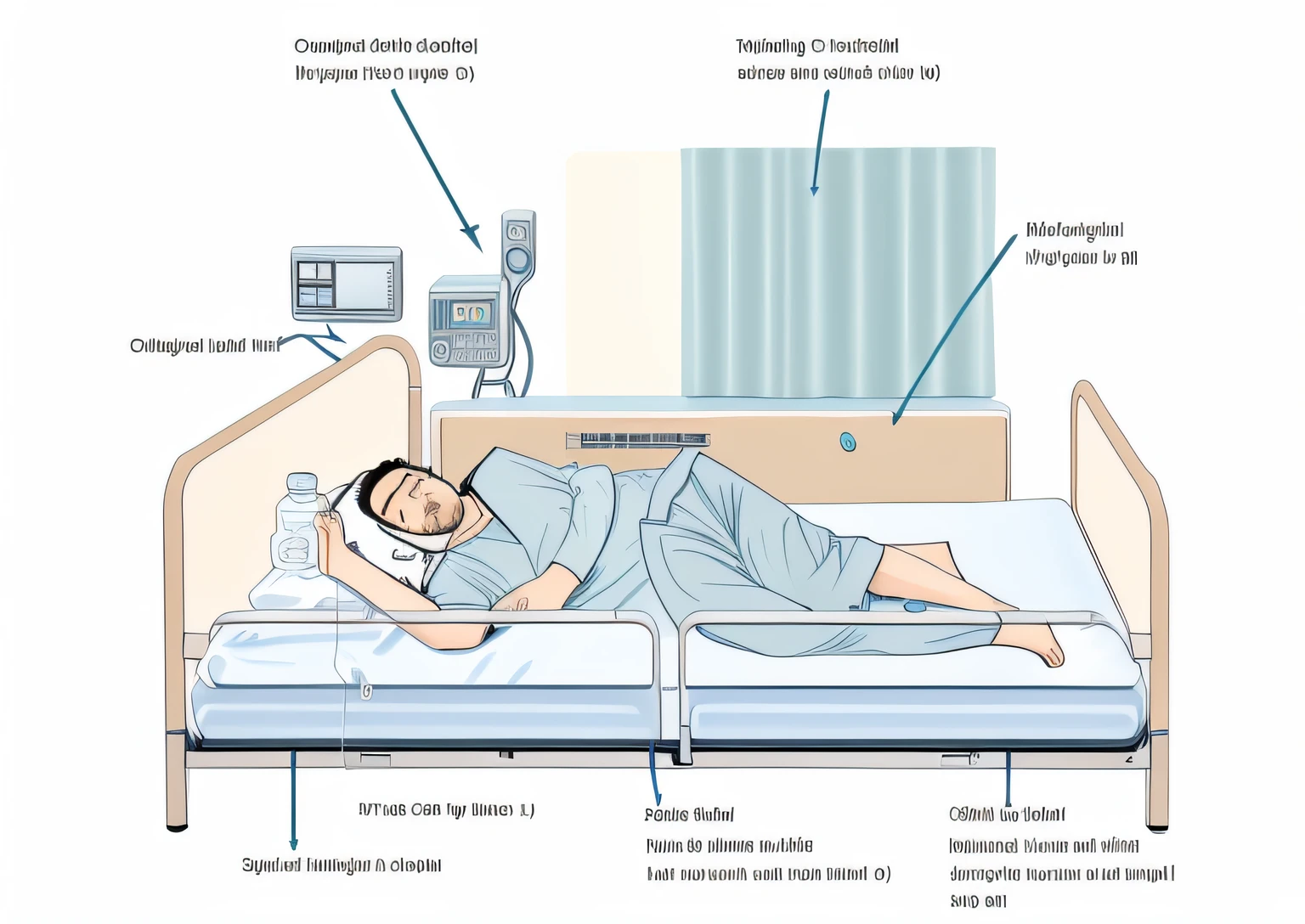 diagram of a man laying in a hospital bed with a driper, in hospital bed, illustration], side angle, illustration detailed, medical depiction, full figure, angle view, laying on a bed, detailed illustration, 3/4 side view, full-figure, an illustration of, bed on the right, full - length view, full-length view, close angle