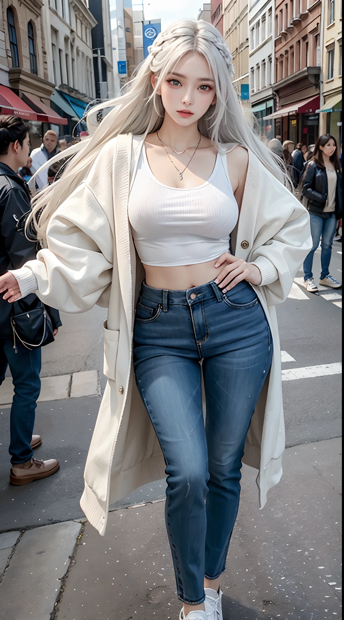 Photorealistic, high resolution, 1 woman, hips up, Beautiful eyes, Long hair, ringed eyes, jewelry, street wear, white hair