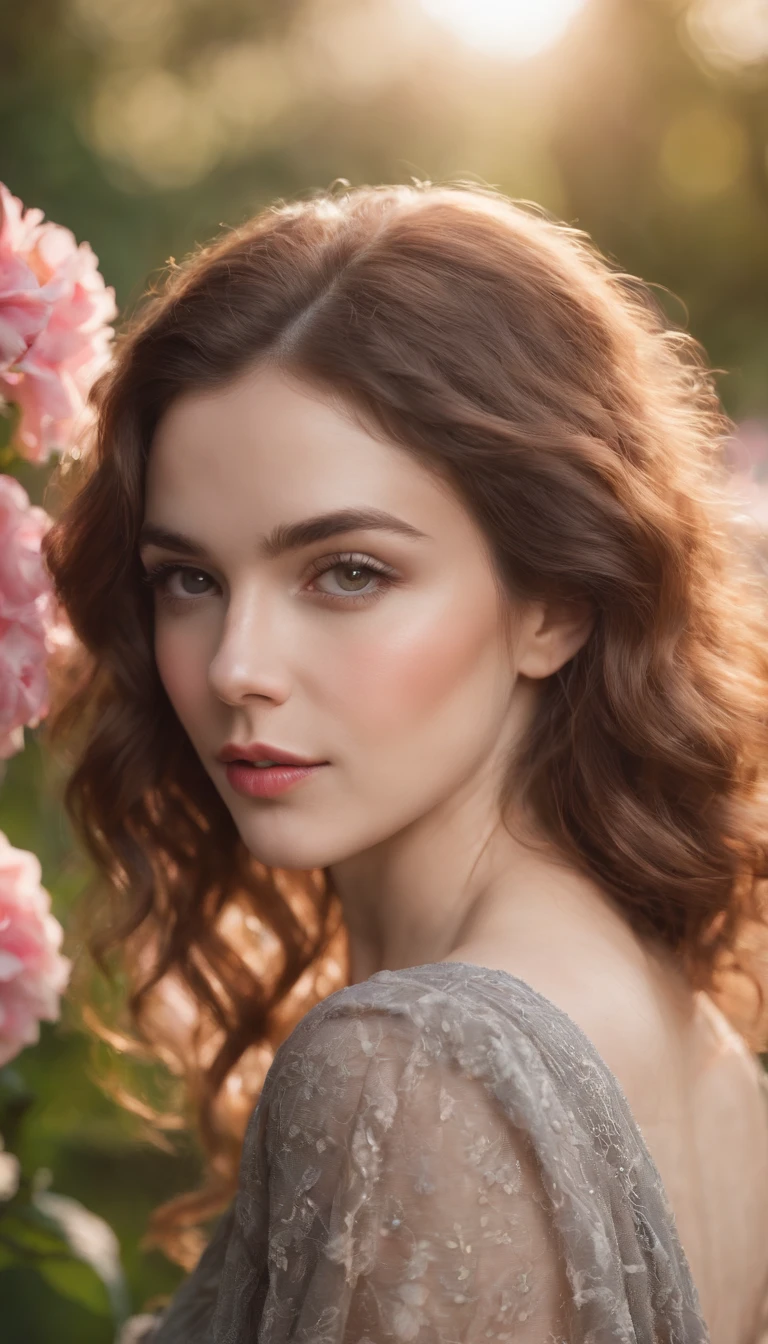 (highres,masterpiece:1.2),portrait,beautiful girl,expressive eyes,detailed lips,natural beauty,curly hair,garden background,colorful flowers,sunlight,soft shadows,vibrant colors,bokeh