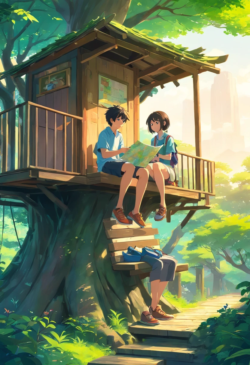 Two friends, a boy and a girl, are sitting in a treehouse. The boy is looking at a map. ((full body view)), ((Full shoe view)), High contrast colors, High-resolution 4K quality, Smiles, handsome