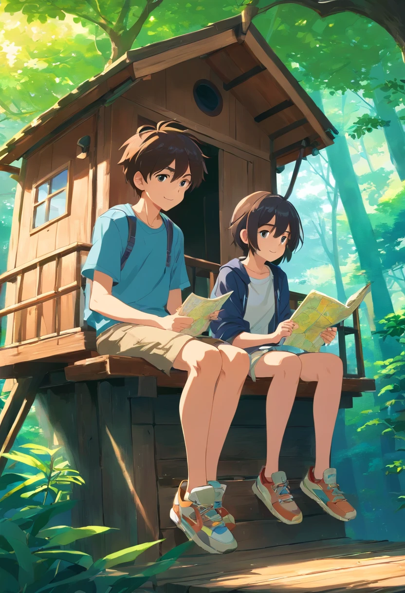 Two friends, a boy and a girl, are sitting in a treehouse. The boy is looking at a map. ((full body view)), ((Full shoe view)), High contrast colors, High-resolution 4K quality， Smiles, handsome