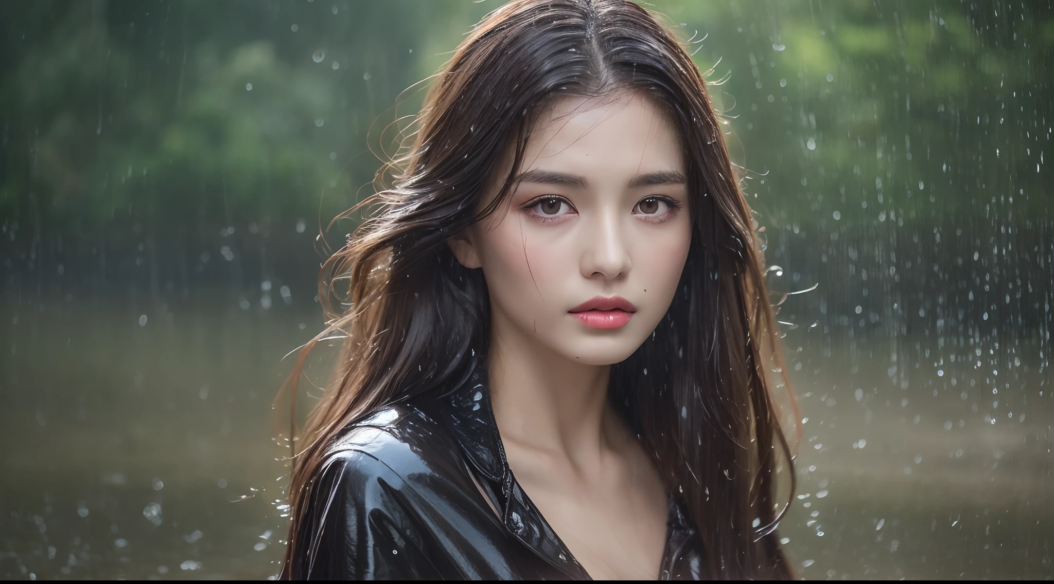 (Best quality, 4k, Masterpiece :1.3), pretty woman, 1girl, (breasts, attractive body :1.2), abs :1.1, dark brown hair: 1.1, (rainy wet, wet from rain, wet body :1.2), ultra-detailed face, detailed lips, detailed eyes, double eyelid