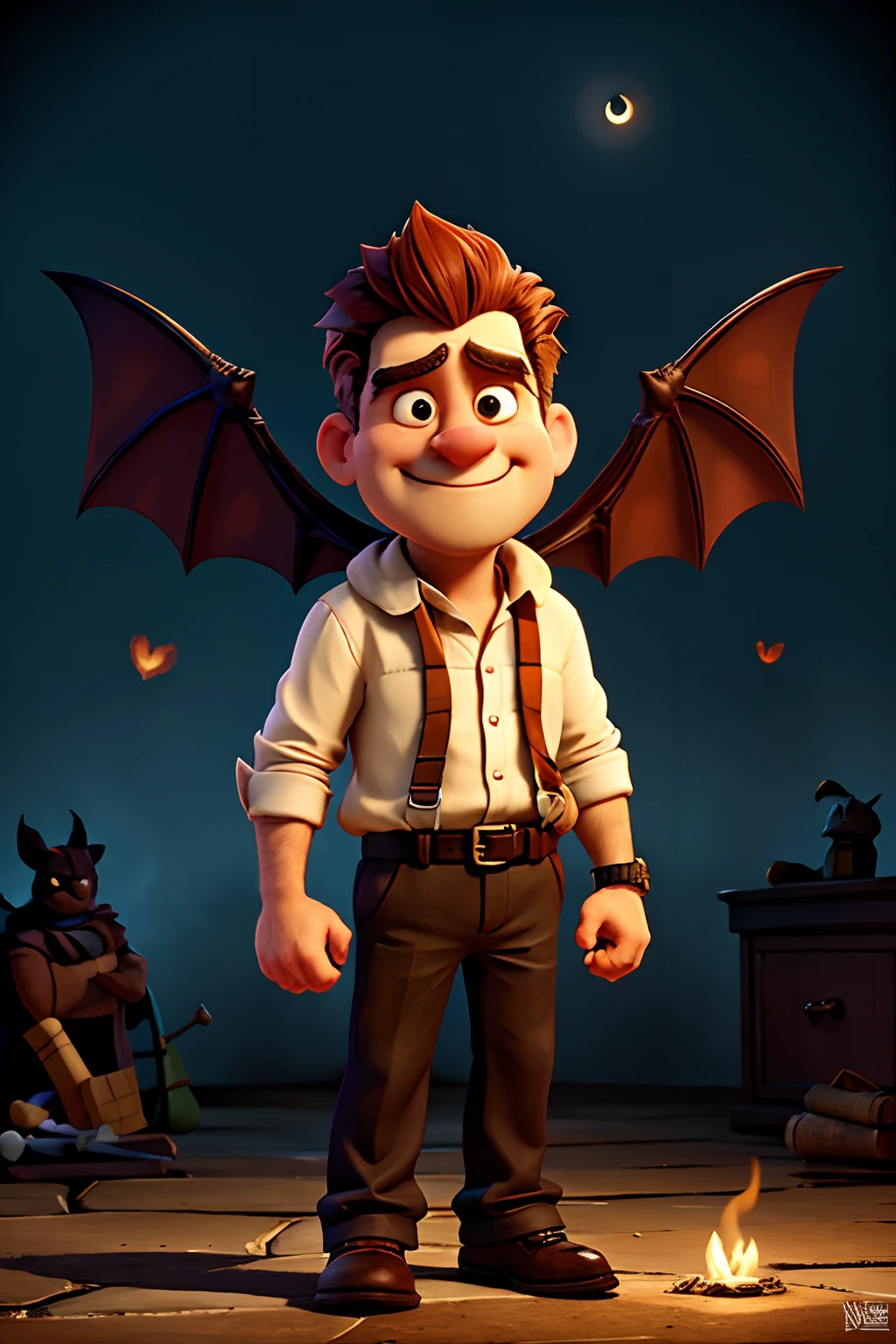 A man who is a devil with bat wings, holding a neglected , background is the flames of hell, mood is degradation, decadence, alienation, mendacity, night time light, character design.