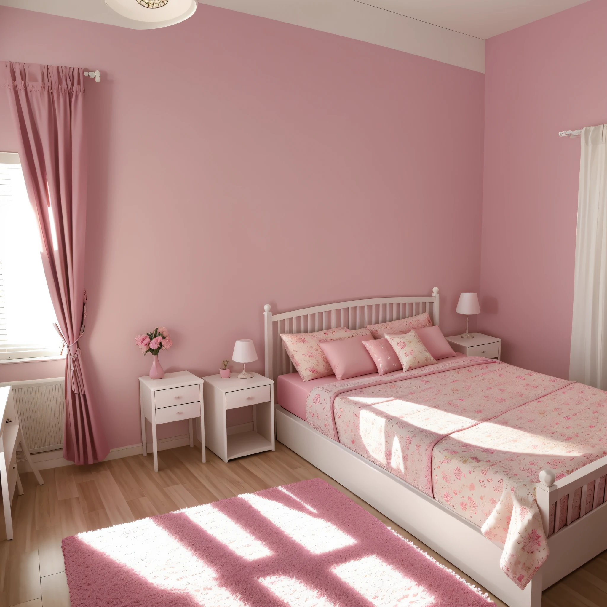 Quarto Rosa, cama, janela, sunlight, quarto detalhado, quarto bonito, cute decoration, abajur, criado mudo, guarda roupas com espelho