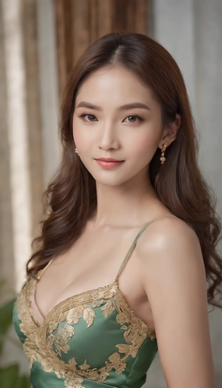 myth,argent,kebaya,gold,Scroll,batik,sleeveless, halter neck,treasure,universe, face the camera, smile, 19 year old girl, cute girl, beautiful girl, indonesian model, white healthy skin, delicate eyes, tied-up hair, ethnic earrings, golden crown, full body photo, realistic hands, realistic fingers natural hands, natural fingers, (sexy body:1.2), (slim waist:1.2), (medium breasts: 1.1) (cleavage exposed: 1.2), product photo shoot, holding a tiny green tube beauty serum.