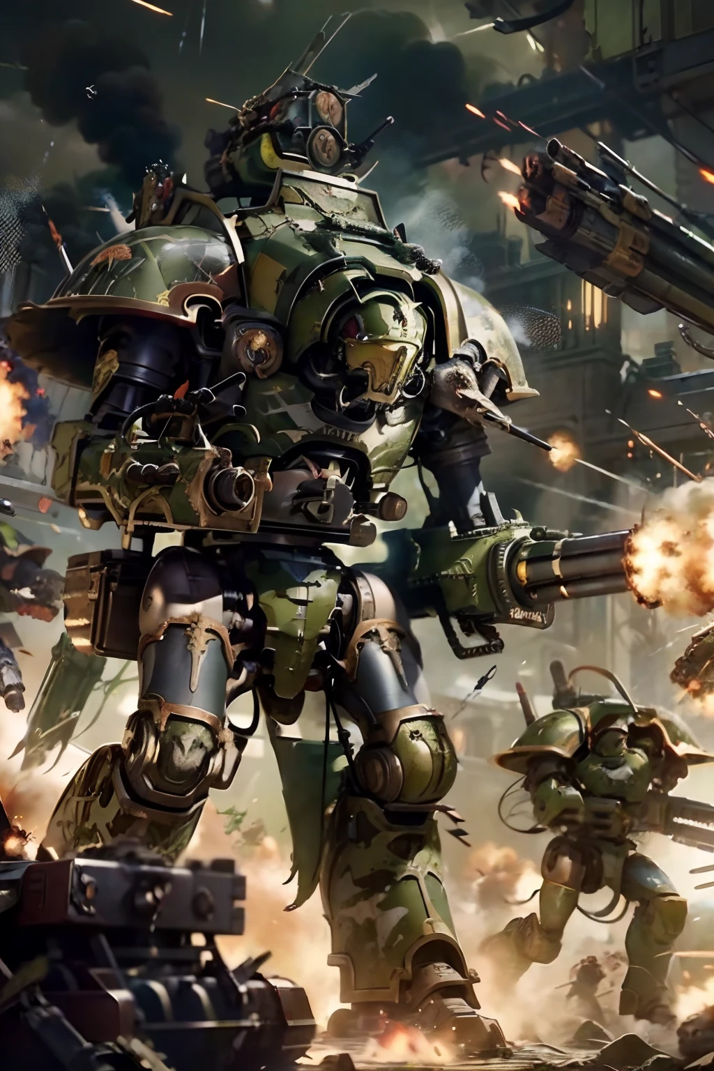 Photo of titan, gun, firing, chaos, 
green body, camo body, scratches, red colorway, shoulder cannon, arm cannon, Gatling gun, damaged, huge gun,
firing, army, battle, heavy explosion, gun drone,