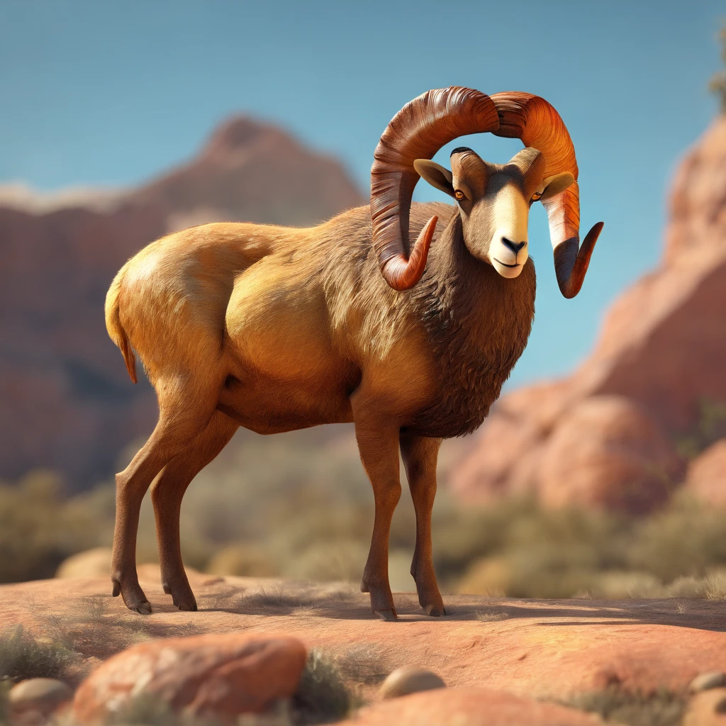 Bighorn Sheep with red range orange mottled fur with yellow freckles golden stalk eyes brown and red tendrils and a tan hermit crab-like shell, best quality, masterpiece
