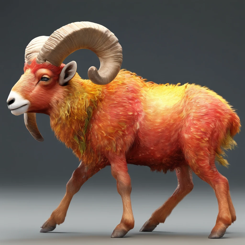 Bighorn Sheep with red range orange mottled fur with yellow freckles golden stalk eyes brown and red tendrils and a tan hermit crab-like shell, best quality, masterpiece