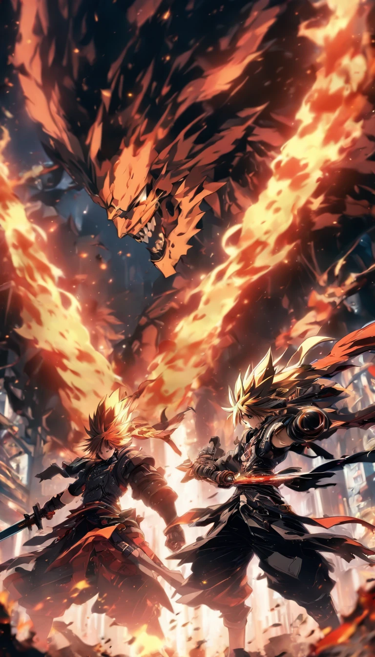 two anime characters fighting in a dark room with flames, from arknights, badass anime 8 k, guilty gear strive splash art, anime fight, arknights, sword fight, anime epic artwork, guilty gear strive graphics, epic anime style, epic 8 k hd anime shot, dual wielding swords, detailed digital anime art, epic battle scene, sword clashing