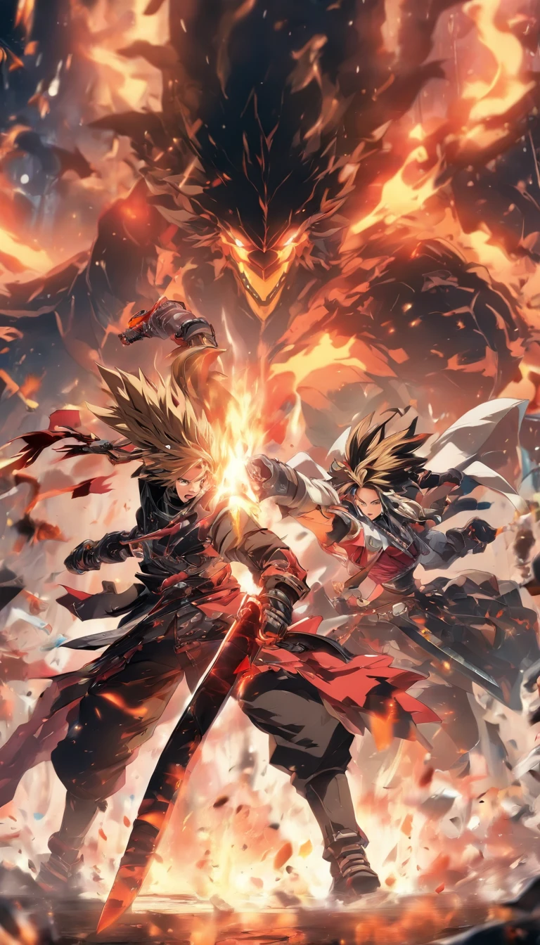 two anime characters fighting in a dark room with flames, from arknights, badass anime 8 k, guilty gear strive splash art, anime fight, arknights, sword fight, anime epic artwork, guilty gear strive graphics, epic anime style, epic 8 k hd anime shot, dual wielding swords, detailed digital anime art, epic battle scene, sword clashing