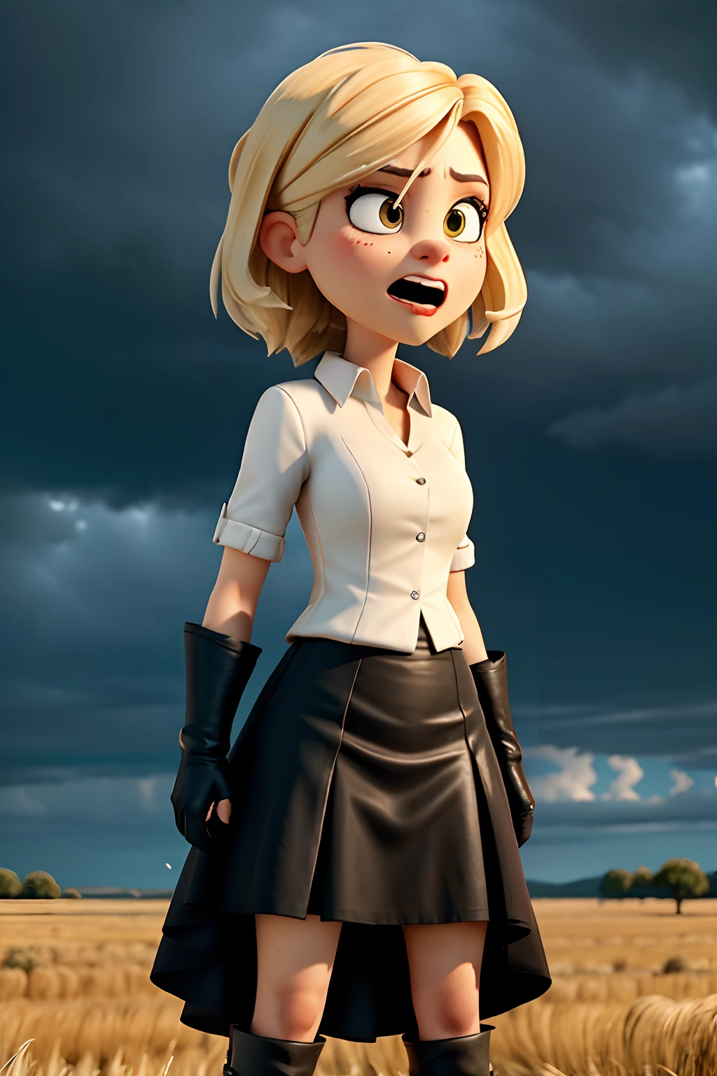 An angry, bitter woman, wearing a white blood spattered skirt and a black blouse, brandishing a large bloody saber, background is open field, dark puffy storm clouds, mood is tragic, violent, agonizing, horrifying, character design.