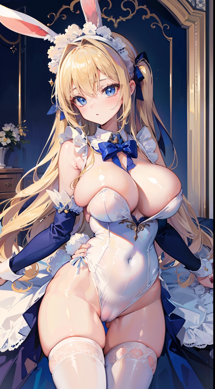 High quality, masterpiece, ultra-detailed, 1girl, thighband pantyhouse, bunny maid outfit, naked breasts, peaceful expression, long blonde hair, enchanting blue eyes, bunny ears, ridiculously large breasts, grabbing own breast, shiny skin, bedroom