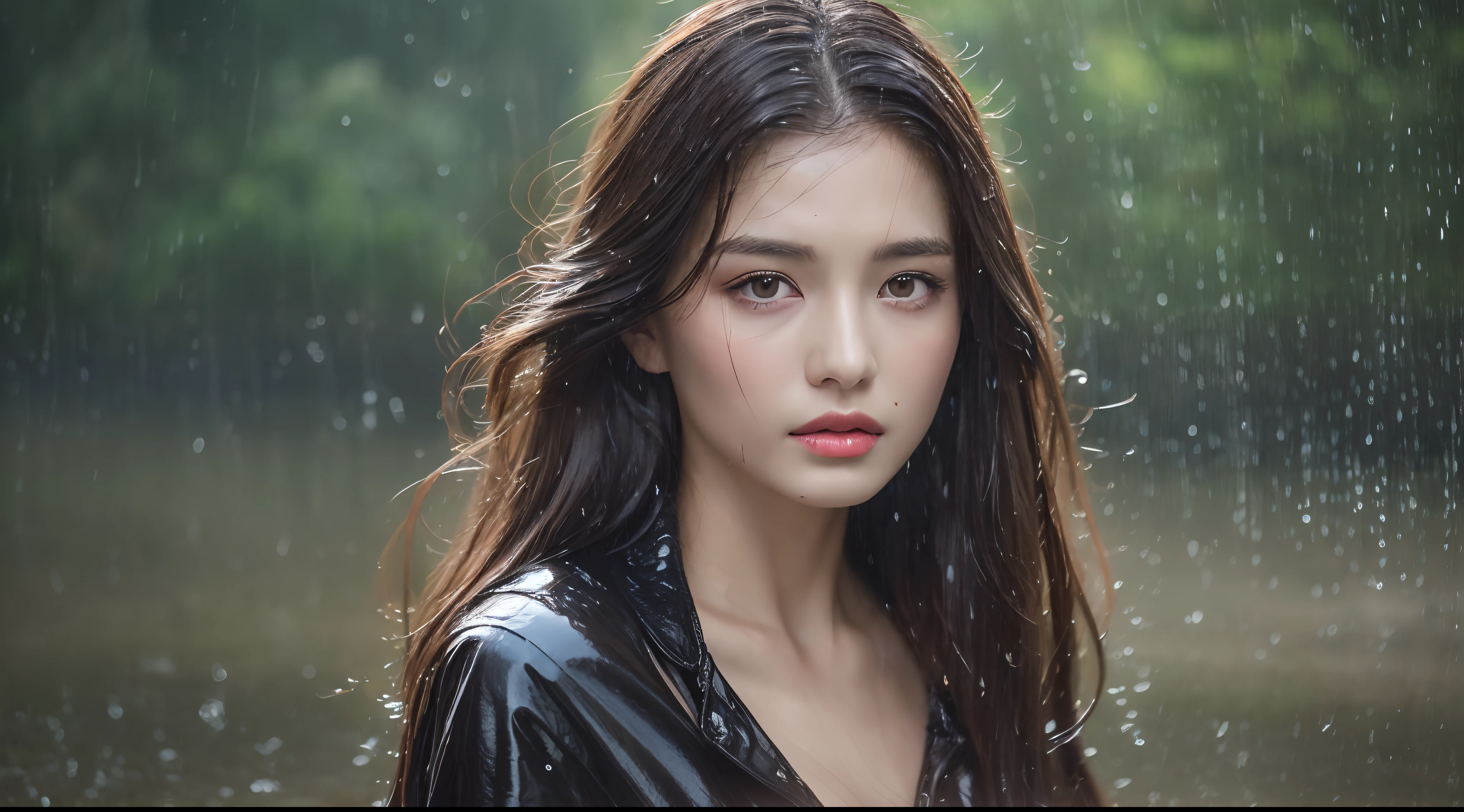 (Best quality, 4k, Masterpiece :1.3), pretty woman, 1girl, (breasts, attractive body :1.2), abs :1.1, dark brown hair: 1.1, (rainy wet, wet from rain, wet body :1.2), ultra-detailed face, detailed lips, detailed eyes, double eyelid