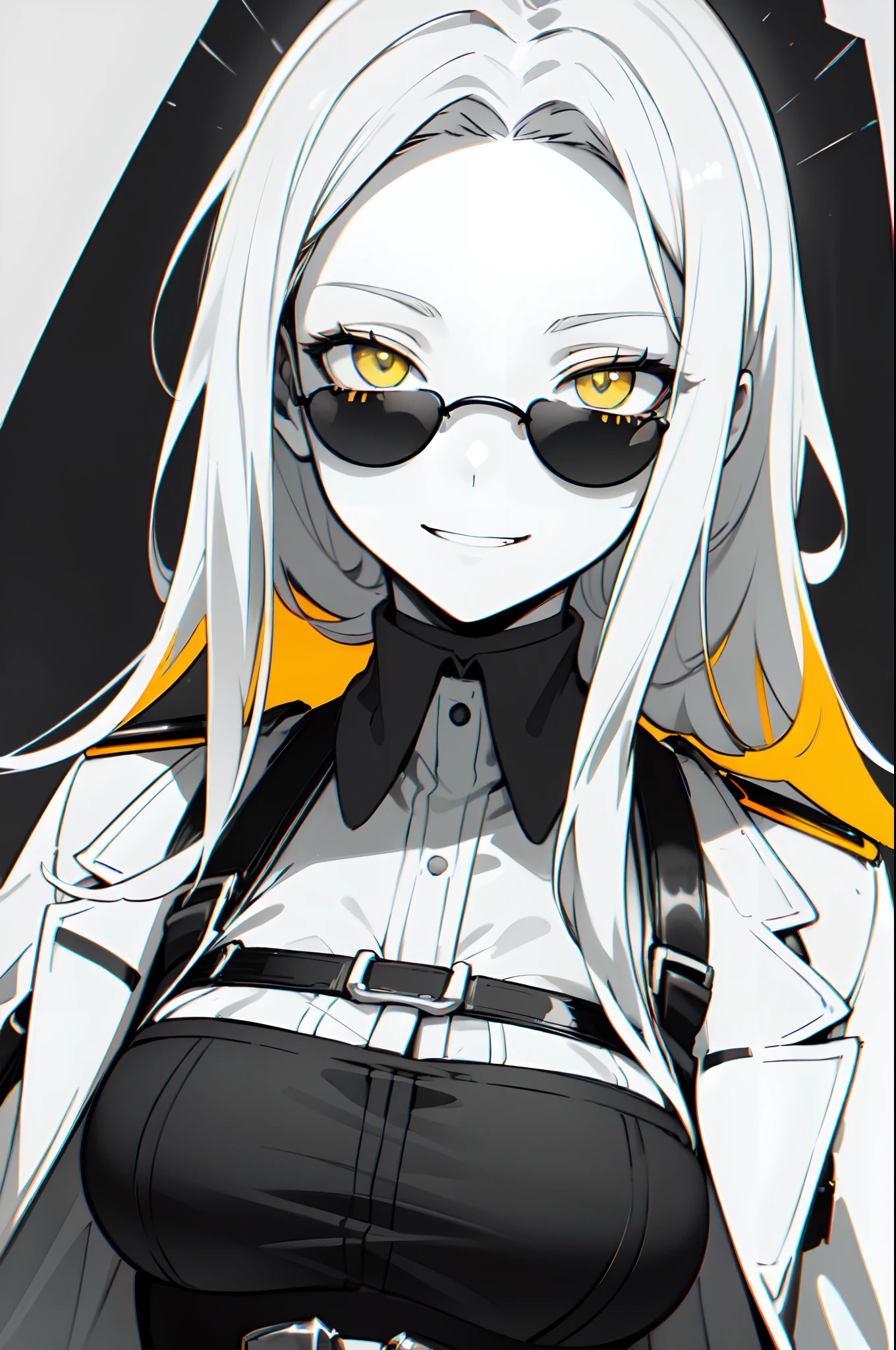 (((colored yellow eyes with greyscale background))), 1girl, woman, solo, long hair, big hair, (forehead:1.2), (round sunglasses:1.19), yellow eyes, medium breasts, devilish grin from below, white hair, (overcoat, black coat, open coat:1.2), white shirt, collared shirt, (chest harness, shoulder strap:1.15), black leather shorts, garter belt, gloves, ((from below)), elegant, looking at viewer, standing, chromatic aberration, (close-up to face:1.2), face only masterpiece, best quality, 4k