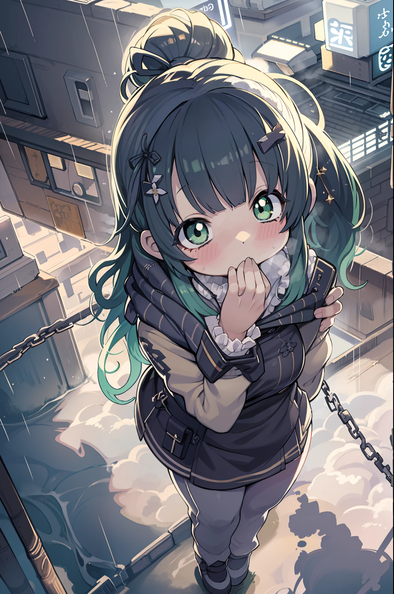 Huge tanks、Long sideburns、Anime-style girl with beautiful whole body, Little Girl,clean detailed faces, ciber,analogous colors, Glowing shadows, beautiful gradients, depth of fields, CLEAN IMAGE, High quality,Black Parker Clothing、 high detailing, High Definition, blush, Fit, Heavenly Beauty, Very detailed, Soft lighting, Full body,Green&Black hair,Green eyes、Overhead view、look down from above、In heavy rain、Wide Shot、Very Wide Shot
