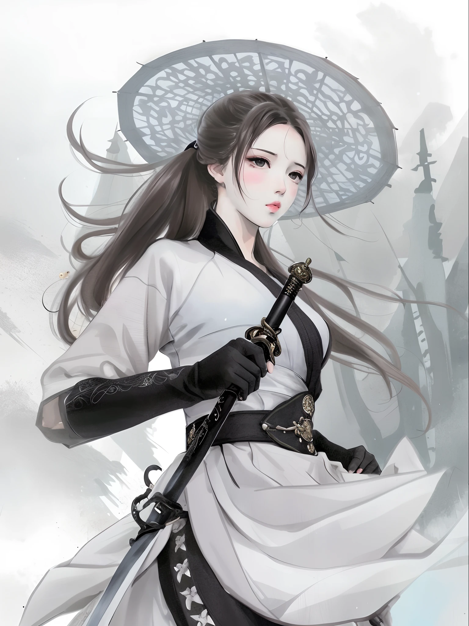 Anime girl with sword and umbrella in white dress, Inspired by Seki Dosheng, Guviz, full-body wuxia, Wuxia, by Yang J, Guviz-style artwork, Full-figured,Sitting and drinking,With a sword in his hand, bamboo forrest , A girl in Hanfu, inspired by Chen Yifei, Beautiful character painting, inspired by Zhang Wo