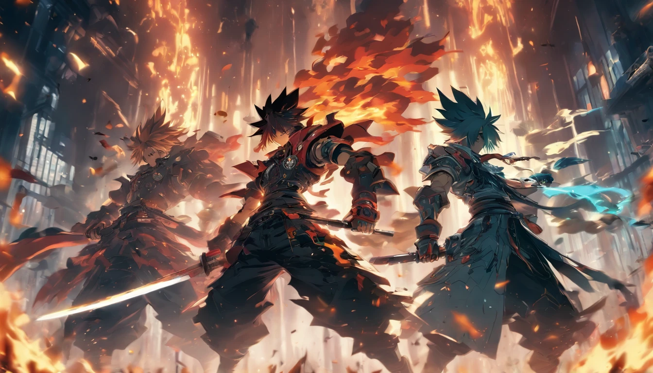 two anime characters fighting in a dark room with flames, from arknights, badass anime 8 k, guilty gear strive splash art, anime fight, arknights, sword fight, anime epic artwork, guilty gear strive graphics, epic anime style, epic 8 k hd anime shot, dual wielding swords, detailed digital anime art, epic battle scene, sword clashing