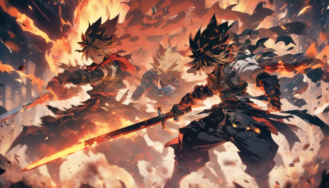 two anime characters fighting in a dark room with flames, from arknights, badass anime 8 k, guilty gear strive splash art, anime fight, arknights, sword fight, anime epic artwork, guilty gear strive graphics, epic anime style, epic 8 k hd anime shot, dual wielding swords, detailed digital anime art, epic battle scene, sword clashing