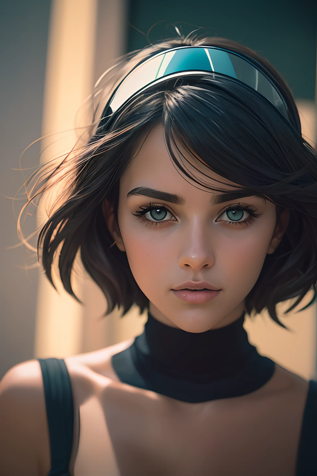 Mujer, senos, Visor de cara,fcRetrato, Impresionante e intrincado retrato a todo color, con un cuello de tortuga negro, Epic character composition, Por Ilya Kuvshinov, alessio albi, Nina Masic, foco nítido, natural  lighting, Subsoil Scatter, F2, 35mm, Film grain