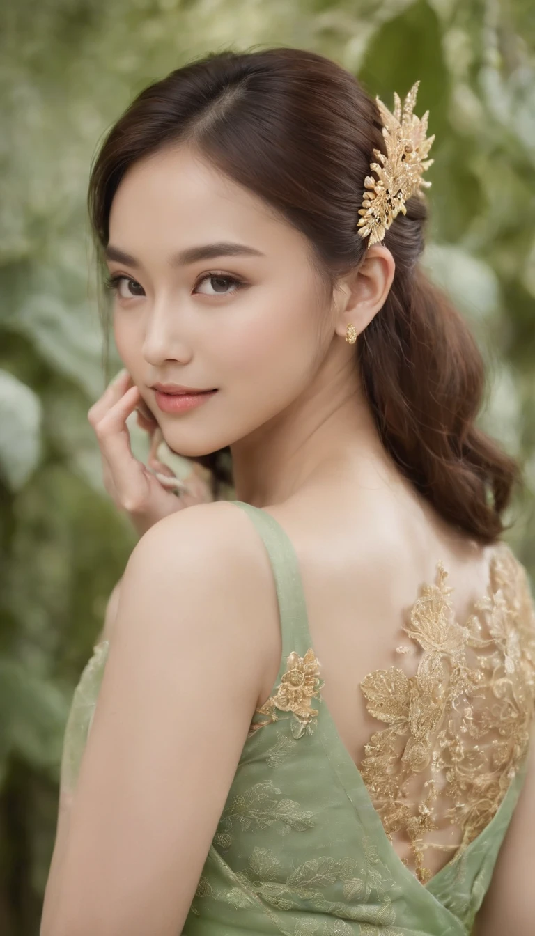 myth,argent,kebaya,gold,Scroll,batik,sleeveless,treasure,universe, face the camera, smile, 19 year old girl, cute girl, beautiful girl, indonesian model, white healthy skin, delicate eyes, tied-up hair, ethnic earrings, golden crown, full body photo, realistic hands, realistic fingers, natural hands, natural fingers, (sexy body:1.2), (slim waist:1.2), product photo shoot, holding a tiny green tube beauty serum.