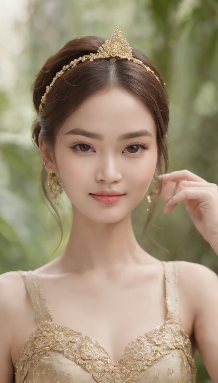 myth,argent,kebaya,gold,Scroll,batik,sleeveless,treasure,universe, face the camera, smile, 19 year old girl, cute girl, beautiful girl, indonesian model, white healthy skin, delicate eyes, tied-up hair, ethnic earrings, golden crown, full body photo, realistic hands, realistic fingers, natural hands, natural fingers, (sexy body:1.2), (slim waist:1.2), product photo shoot, holding a tiny green tube beauty serum.