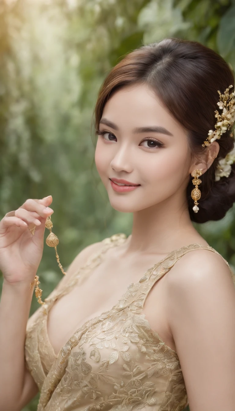 myth,argent,kebaya,gold,Scroll,batik,sleeveless,treasure,universe, face the camera, smile, 19 year old girl, cute girl, beautiful girl, indonesian model, white healthy skin, delicate eyes, tied-up hair, ethnic earrings, golden crown, full body photo, realistic hands, realistic fingers, natural hands, natural fingers, (sexy body:1.2), (slim waist:1.2), product photo shoot, holding a tiny green tube beauty serum.