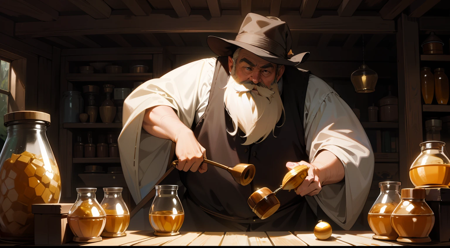 A dwarf,short,small,big beard,With a hat,Skinny and small,Little old man,Holding a jar of honey,Dig the honey in with your hands and eat it,In the wooden house,There were plenty of honey jars in the wooden house,Western fantasy,Fairytales,Works of masters,A high resolution,Exquisite facial features