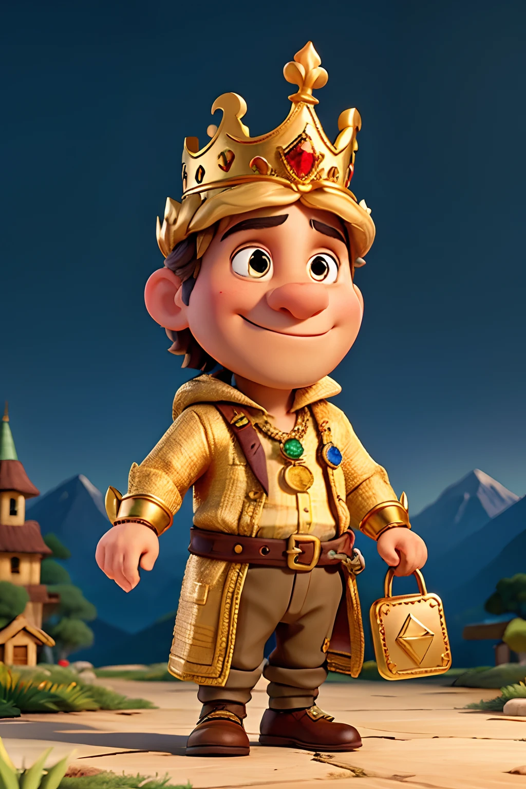 A man who is a wealthy king, wearing a jeweled crown and other jewelry, holding coins in hand, background is springtime landscape, mood is productive constructive, bravery, power, daytime light, character design.