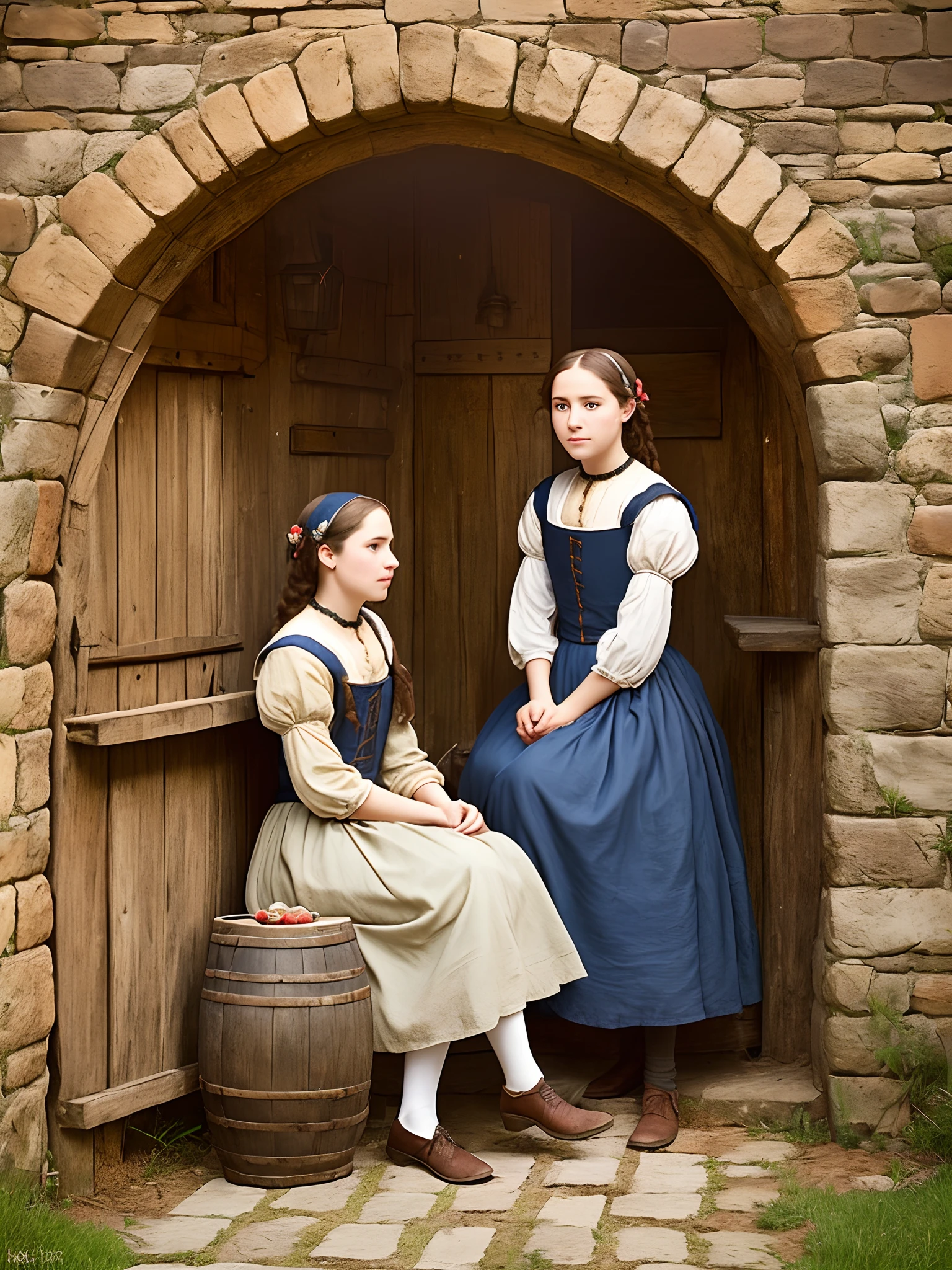 Two Peasant medieval young women in yard tavern, photo style --auto --s2