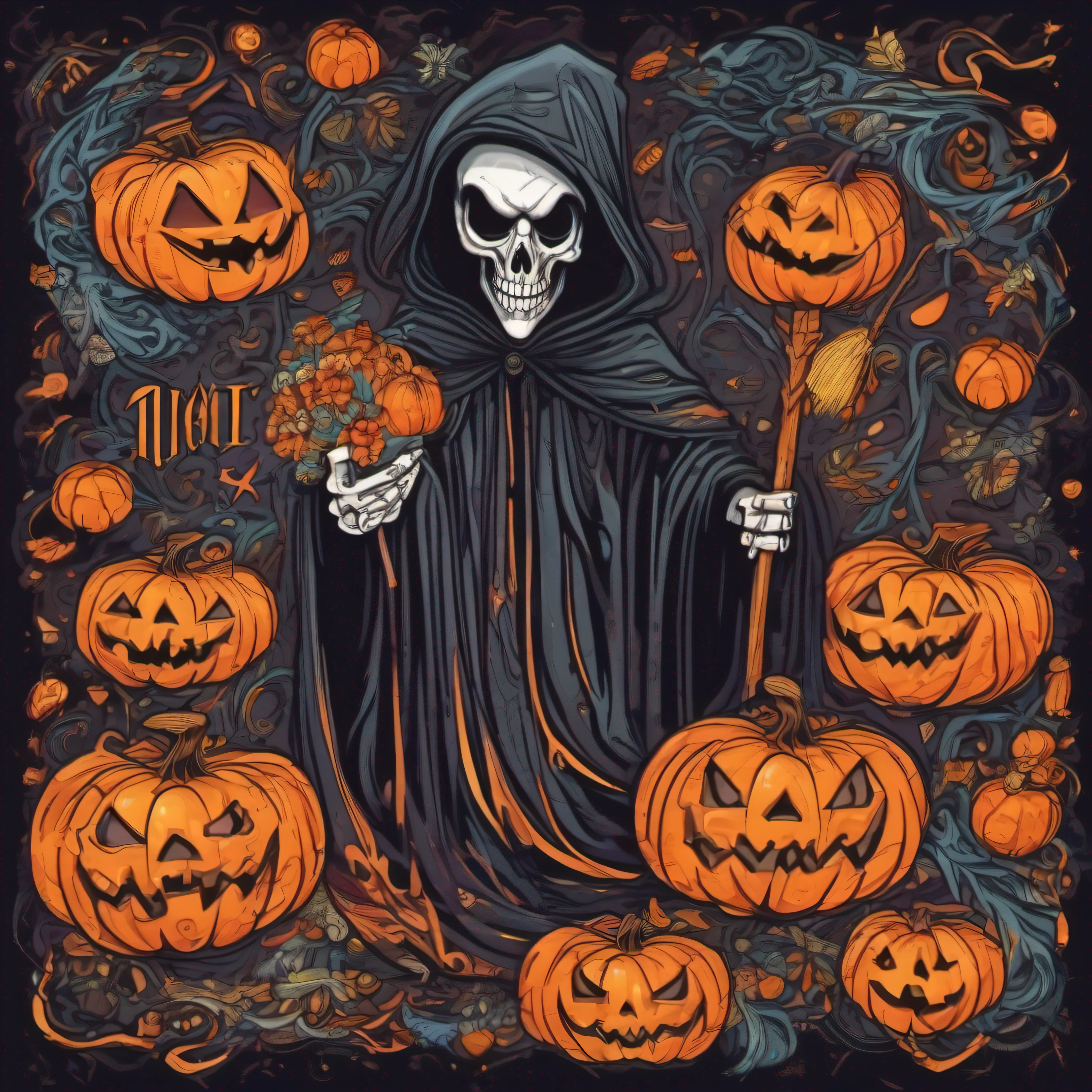 (best quality,4k,8k,highres,masterpiece:1.2),ultra-detailed,(realistic,photorealistic,photo-realistic:1.37), dark and mysterious colors, dramatic lighting, Halloween festival atmosphere, whimsical interpretation of the Grim Reaper, beautiful and intricate linework. The main subject is a girl wearing a t-shirt with a centered artwork of a vibrant and colorful illustration of the Grim Reaper, surrounded by Halloween-themed elements such as jack-o'-lanterns, bats, and witches. The illustration has a whimsical style, with exaggerated and playful features on the Grim Reaper. The typography on the artwork features the text saying "Love is dead" in a stylized and eye-catching manner. The overall composition has a graffiti-inspired feel, with energetic brushstrokes and vibrant colors. The artwork has a vector art aesthetic, with clean lines and bold shapes, making it suitable for various mediums such as stickers or digital prints. The scene is filled with a sense of excitement and anticipation, capturing the spirit of Halloween and the theme of love and death in a visually captivating way.