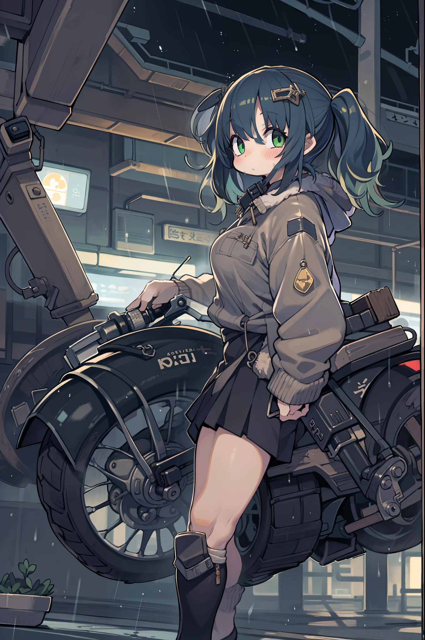 Riding in a huge tank、Long sideburns、Anime-style girl with beautiful whole body, Girl,clean detailed faces, ciber,analogous colors, Glowing shadows, beautiful gradients, depth of fields, CLEAN IMAGE, High quality,Black Parker Clothing、 high detailing, High Definition, blush, Fit, Heavenly Beauty, Very detailed, Soft lighting, Full body,Green&Black hair,Green eyes、Overhead view、look down from above、In heavy rain、Wide Shot、Very Wide Shot