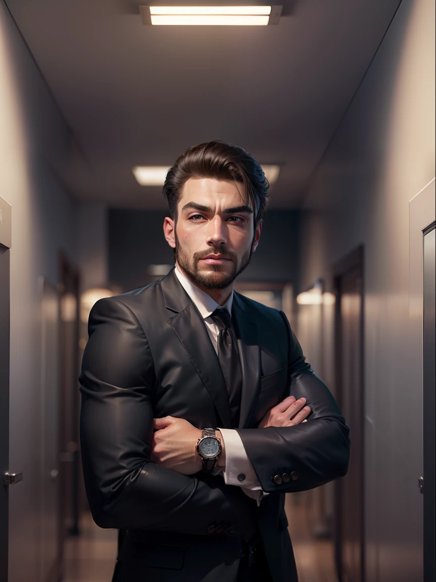 Office background, original face, real face, handsome, muscle, 8k, ultra realistic, stylish hair