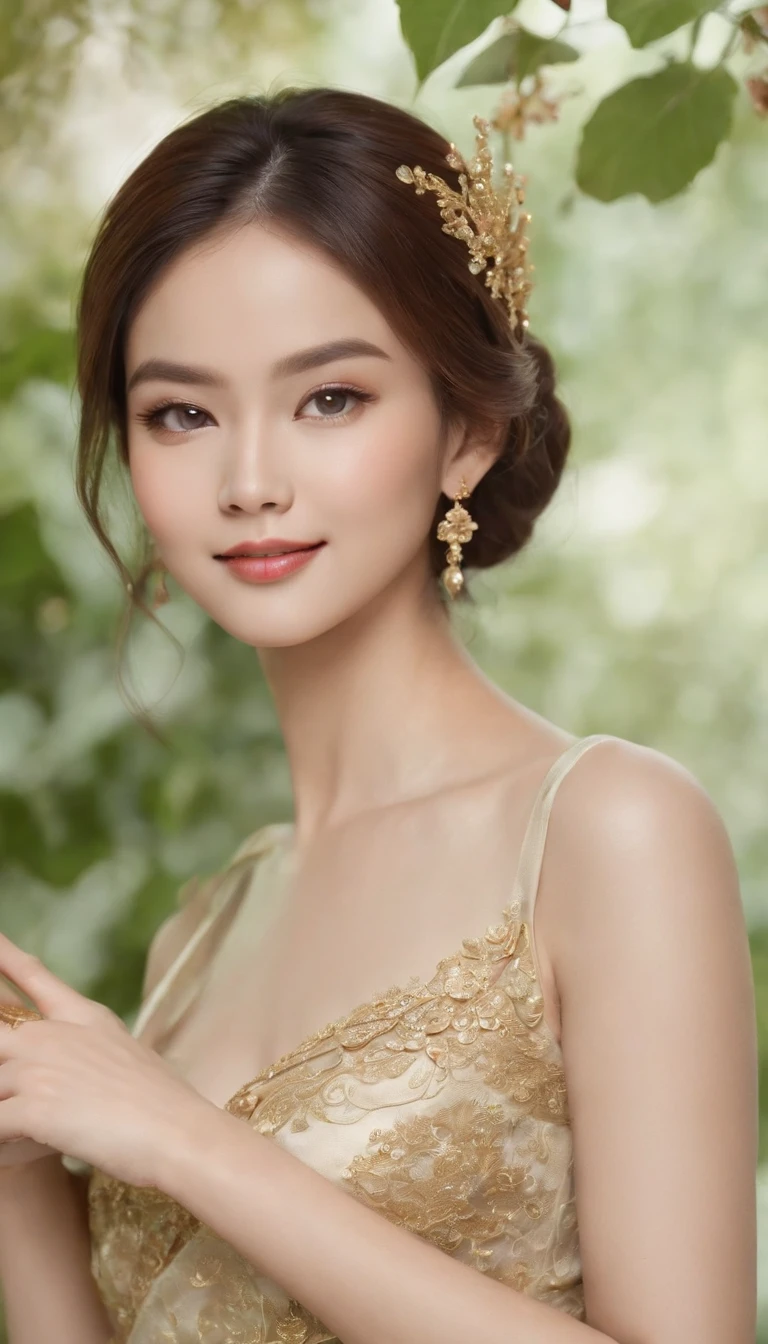 myth,argent,kebaya,gold,Scroll,batik,sleeveless,treasure,universe, face the camera, smile, 19 year old girl, cute girl, beautiful girl, indonesian model, white healthy skin, delicate eyes, tied-up hair, ethnic earrings, golden crown, close up photo, realistic hands, realistic fingers, natural hands, natural fingers, (sexy body:1.2), (slim waist:1.2), product photo shoot, showing a tiny green tube beauty serum.