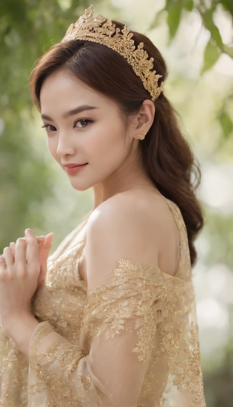 myth,argent,kebaya,gold,Scroll,batik,sleeveless,treasure,universe, face the camera, smile, 19 year old girl, cute girl, beautiful girl, indonesian model, white healthy skin, delicate eyes, tied-up hair, ethnic earrings, golden crown, close up photo, realistic hands, realistic fingers, natural hands, natural fingers, (sexy body:1.2), (slim waist:1.2), product photo shoot, showing a tiny green tube beauty serum.