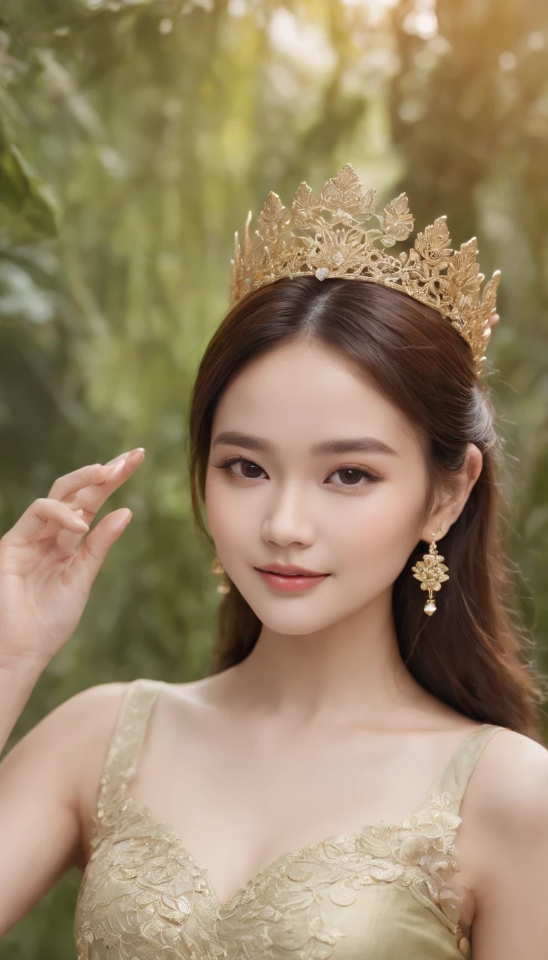 myth,argent,kebaya,gold,Scroll,batik,sleeveless,treasure,universe, face the camera, smile, 19 year old girl, cute girl, beautiful girl, indonesian model, white healthy skin, delicate eyes, tied-up hair, ethnic earrings, golden crown, close up photo, realistic hands, realistic fingers, natural hands, natural fingers, (sexy body:1.2), (slim waist:1.2), product photo shoot, showing a tiny green tube beauty serum.
