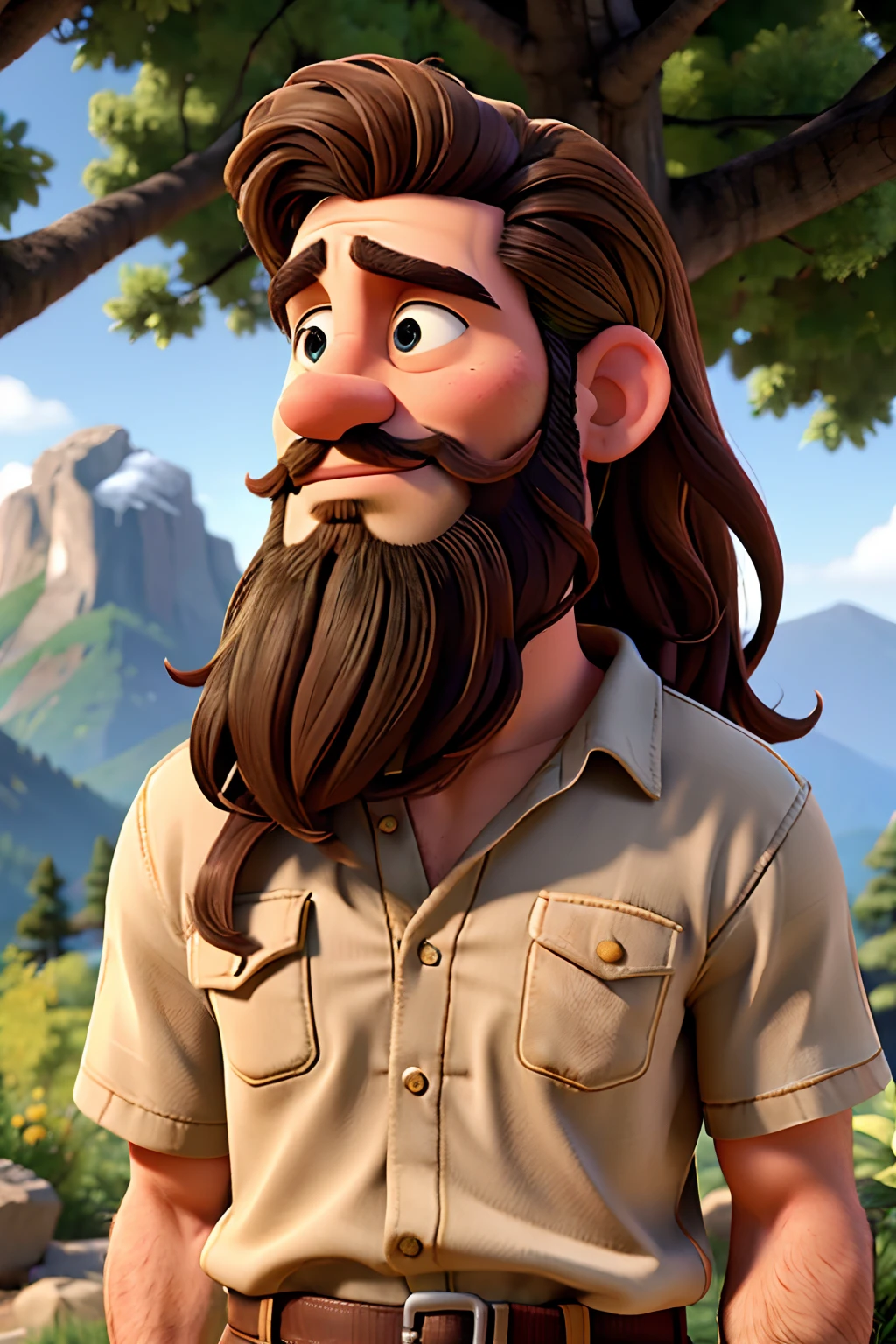 A man who is a rugged, nature loving man with long messy hair and beard, examining the leaves of a tree in a forest, background is summertime with mountain in distance, mood is grace, peace, sublime, delight, daytime light, character design.