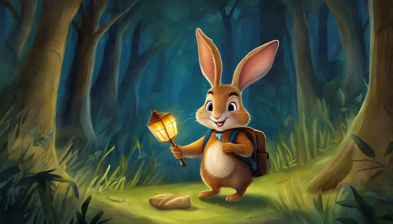 Cartoon rabbit with backpack standing in the forest at night, Rabbt_character, illustration of children's books, Noite na floresta, official illustration, Judy Hopps, story book illustration, illustration of children's books, colorful kids book illustration, Uma floresta com coelhos, fundo da floresta noturna, illustration for children, illustration of children's book, in the forest at night, illustration of children's book, com mochila nas costas, Side in hand.