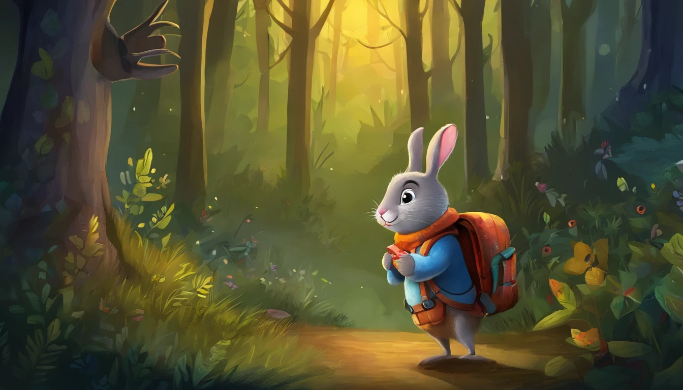 Cartoon rabbit with backpack standing in the forest at night, Rabbt_character, illustration of children's books, Noite na floresta, official illustration, Judy Hopps, story book illustration, illustration of children's books, colorful kids book illustration, Uma floresta com coelhos, fundo da floresta noturna, illustration for children, illustration of children's book, in the forest at night, illustration of children's book, com mochila nas costas, Side in hand.