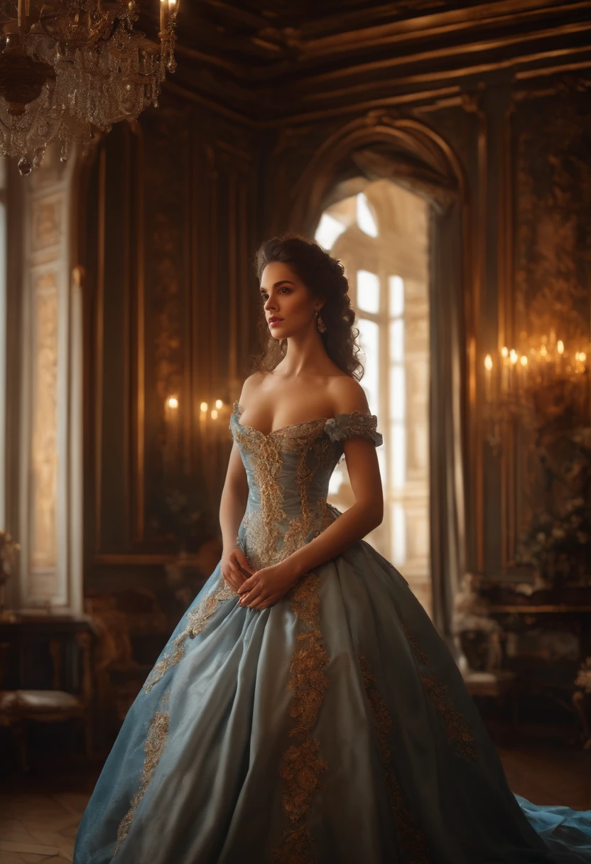 In a rococo atelier, Oil painting  model, Highly detailed, 8K, 1girll, Brunette hair, , , (Perfect Face), large breasts, opulent, Convoluted, Dramatic Lighting, 4K, Detailed_Background, Caustics, Portrait,