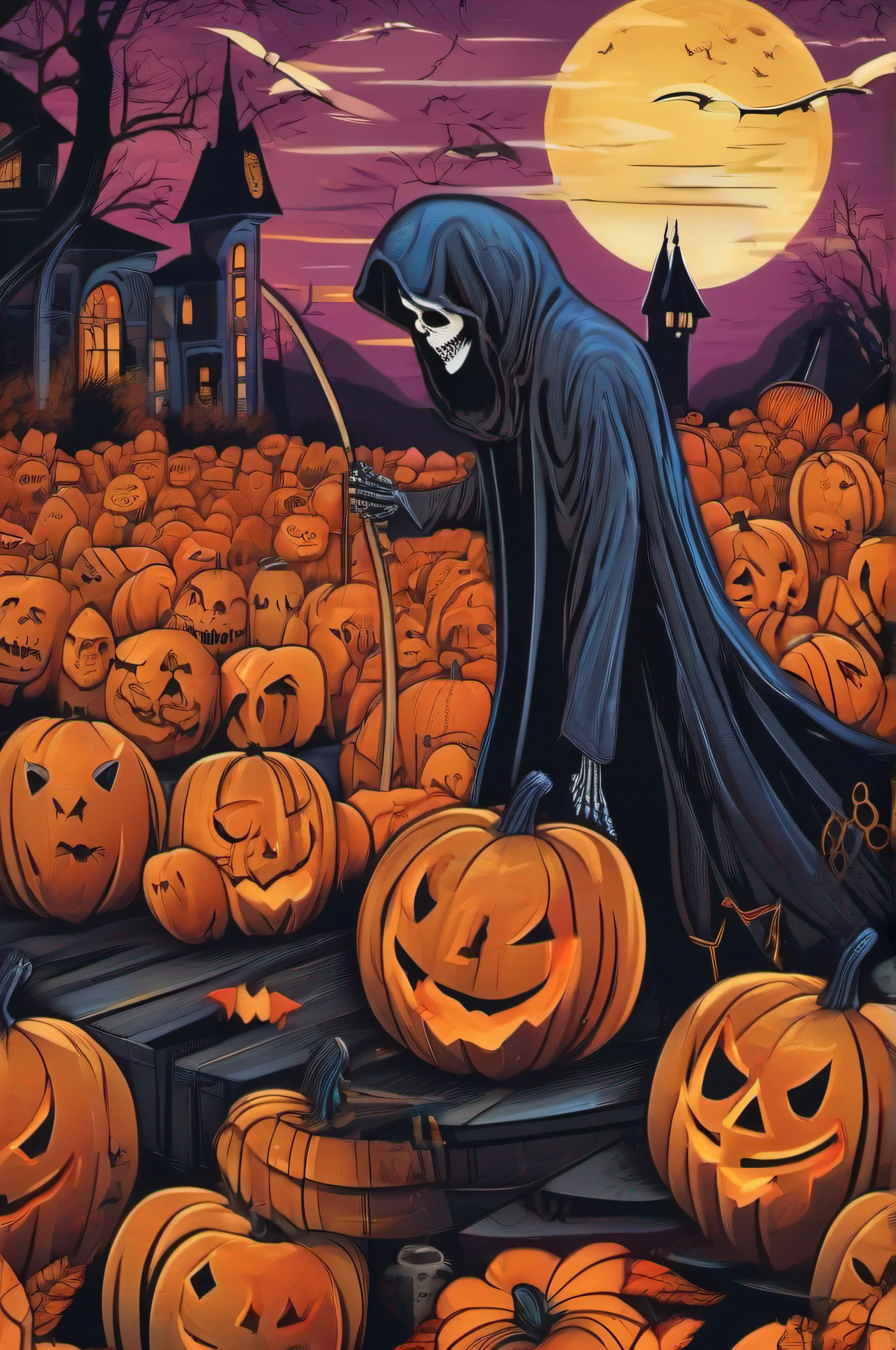 (best quality,4k,8k,highres,masterpiece:1.2),ultra-detailed,(realistic,photorealistic,photo-realistic:1.37), dark and mysterious colors, dramatic lighting, Halloween festival atmosphere, whimsical interpretation of the Grim Reaper, beautiful and intricate linework. The main subject is a girl wearing a t-shirt with a centered artwork of a vibrant and colorful illustration of the Grim Reaper, surrounded by Halloween-themed elements such as jack-o'-lanterns, bats, and witches. The illustration has a whimsical style, with exaggerated and playful features on the Grim Reaper. The typography on the artwork features the text saying "Love is dead" in a stylized and eye-catching manner. The overall composition has a graffiti-inspired feel, with energetic brushstrokes and vibrant colors. The artwork has a vector art aesthetic, with clean lines and bold shapes, making it suitable for various mediums such as stickers or digital prints. The scene is filled with a sense of excitement and anticipation, capturing the spirit of Halloween and the theme of love and death in a visually captivating way.